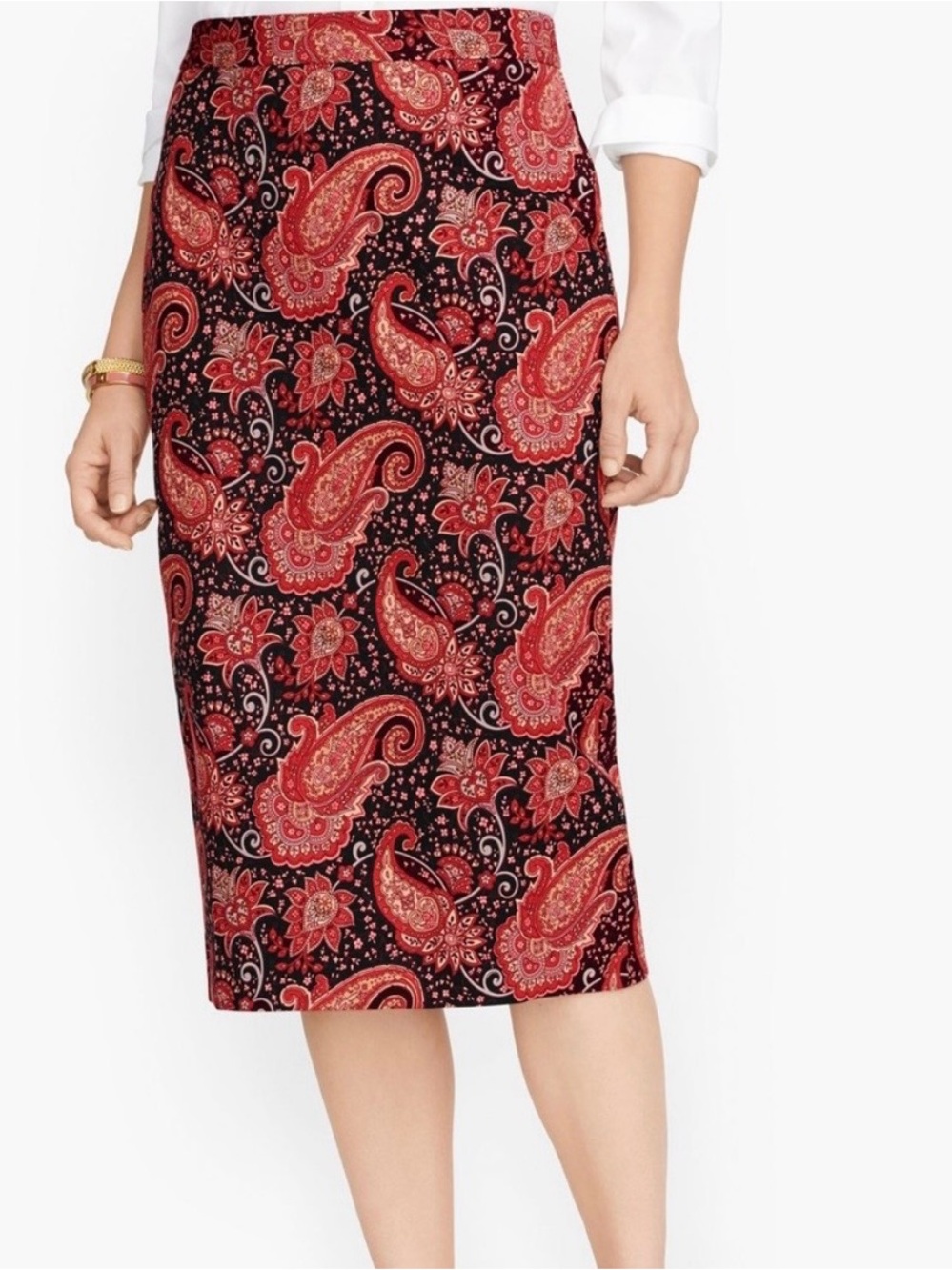 Talbots black red pink paisley print office career stretch pencil skirt size 10